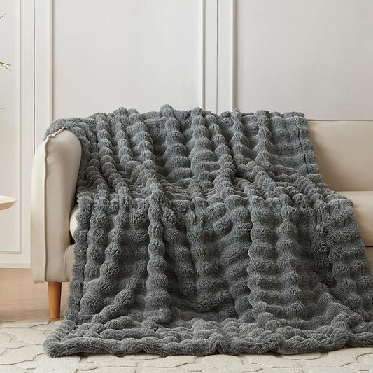 COOVA Faux Fur Throw Blanket for Couch, Cozy Soft and Fuzzy Plush Rabbit Fur Bubble Blanket for Sofa Bedroom Living Room, 50x60 Inches Cationic Light Grey
