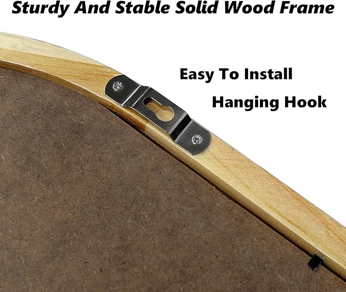 Wood Wall Mirror with Hooks, 22x14 Inch Boho Wall Mirror with Removable Shelf, Oval Solid Wood Framed, Handmade Rattan Mirror Decor Accent for Entryway, Bathroom, Nursery, Bedroom, Living Room