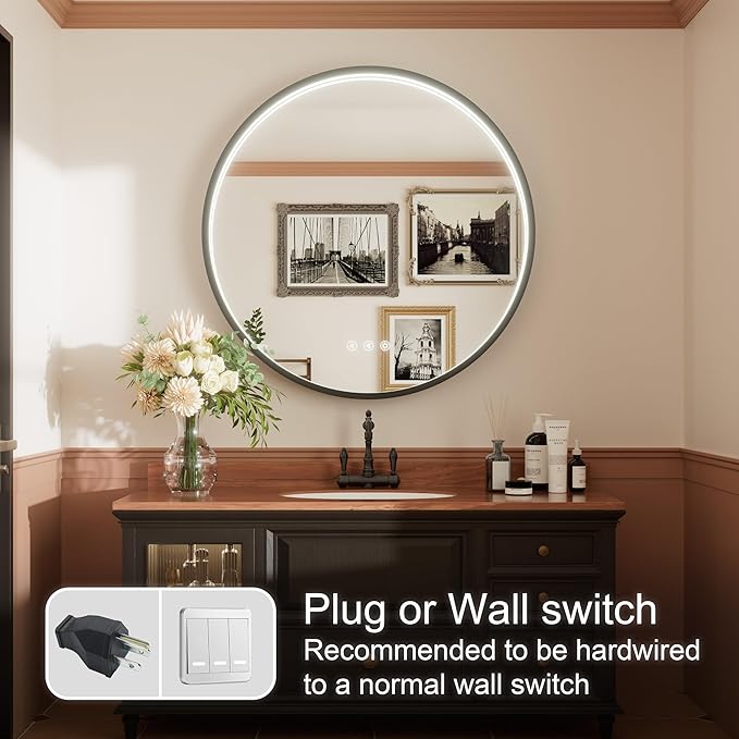 30 Inch Round LED Bathroom Mirror with Dual Bluetooth, 3 Color Temperatures (3000K/4500K/6000K), Anti-Fog, Dimmable, Black Frame Round Vanity Mirror with Lights and Bluetooth