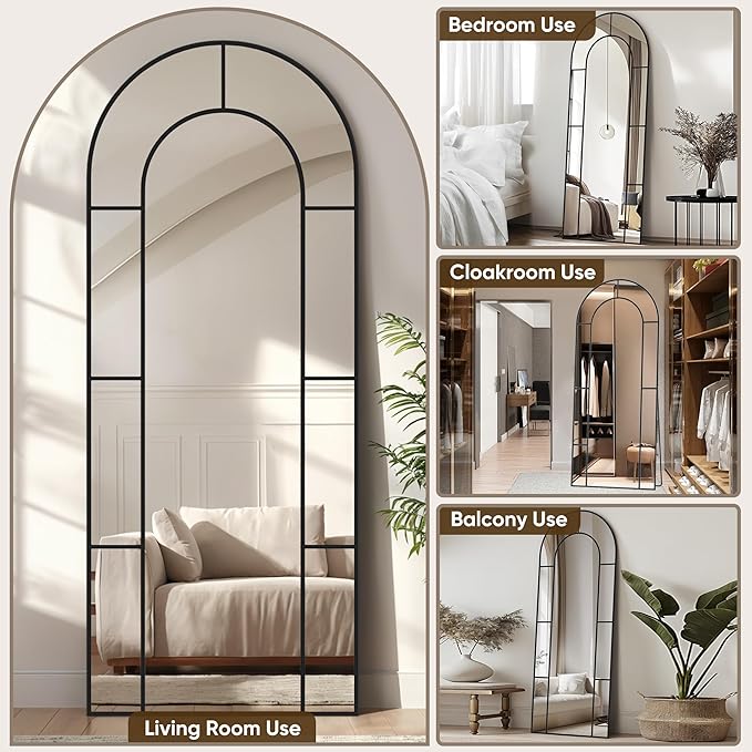 Antok 71" x 28" Full Length Mirror, Floor Mirror Arched Window Decorative Mirror, Metal Framed Decor Farmhouse Floor Mirrors Art Pane Mirrors Wall Decor for Bedroom, Living Room, Entryway Black