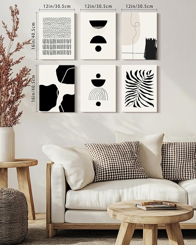 KUVIOKE Black Abstract Framed Wall Art Boho Room Decor Set of 6 Minimalist Geometric Line Art Bohemian Mid Century Modern Prints for Bedroom Living Room 12x16in (Framed)
