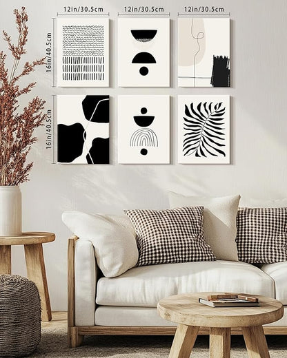 KUVIOKE Black Abstract Framed Wall Art Boho Room Decor Set of 6 Minimalist Geometric Line Art Bohemian Mid Century Modern Prints for Bedroom Living Room 12x16in (Framed)