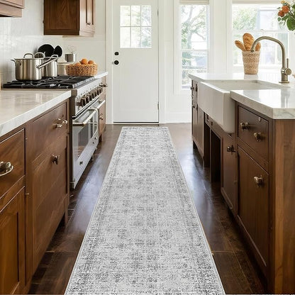 Grey Runner Rugs for Hallway: Abstract Washable Runner Rug 2x10 for Entryway Kitchen Bedroom Bathroom - Modern Cozy Home Decor Long Carpet Mat Stain-Resistant - Light Grey