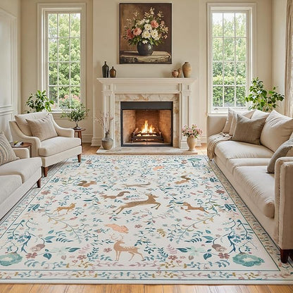 8x10 Area Rugs Washable Rug: Lagre Boho Living Room Rug Soft Non-Slip Thin Carpet Indoor Floor Non-Shedding Neutral Floral Carpets for Bedroom Dining Room Farmhouse Nursery Cream Gray