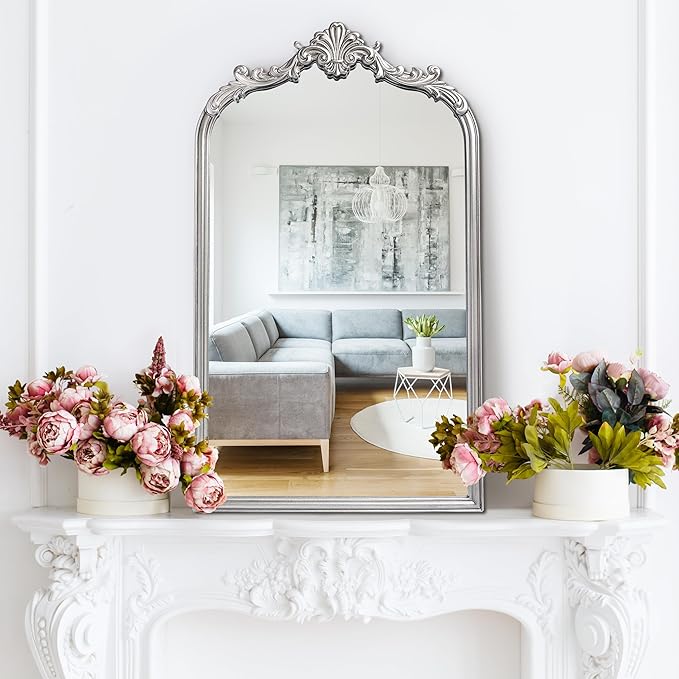 Wylde Iris English Estate Carved Arch Wood Wall Mirror, Mirror for Entryway, Living Room, Bathroom, Antique Silver, 20.4x33