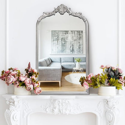 Wylde Iris English Estate Carved Arch Wood Wall Mirror, Mirror for Entryway, Living Room, Bathroom, Antique Silver, 20.4x33