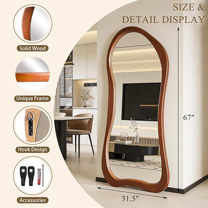 Large Irregular Mirror, 67"x31.5" Asymmetrical Full Length Mirrors with Solid Wood Frame, Premium Aesthetic Floor Mirror for Living Room Entryway Hallway Bedroom Cloakroom, Leaning/Hanging