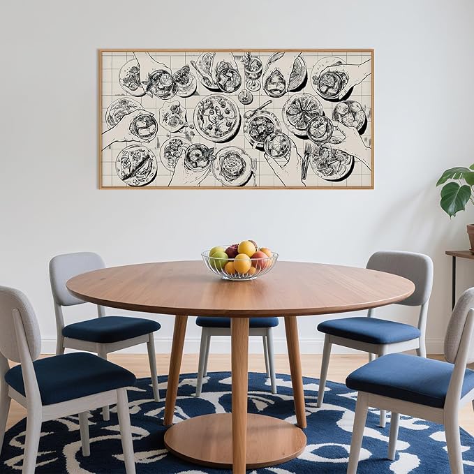Sketch Food and Drink Framed Canvas Wall Art Set,Retro Pizza Cheers Friends Party Wall Decor,Black and White Overhead View of Gathering Artwork for Kitchen Dining Room Restaurant Decor-20" x40"
