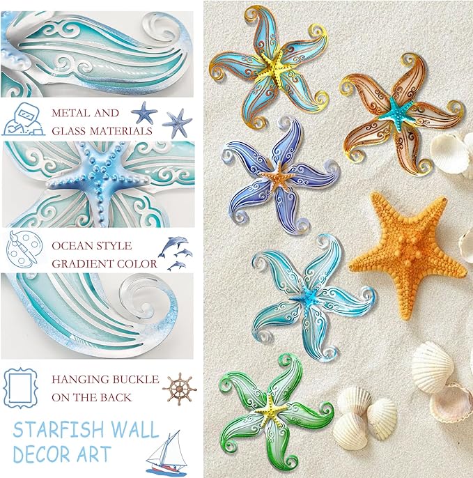 POXOHO Starfish Outdoor Wall Decor for Garden Fence Patio, 12" Hanging Metal & Glass Sculpture, Coastal Beach Ocean Gift for Women Men(Sky Blue)