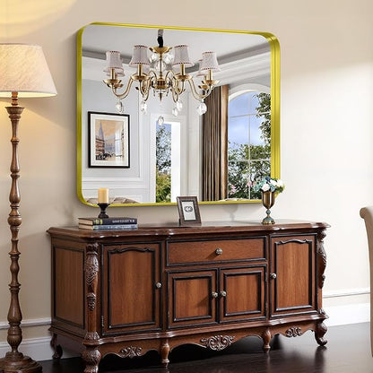 CIRCUMI Gold Bathroom Mirror, 40"x48" Rectangular Mirror with Deep Metal Frame, Rounded Corner, Tempered Glass, Large Mirror for Wall, Over 2 Sinks, Installed Vertically/Horizontally, Crystal-Clear