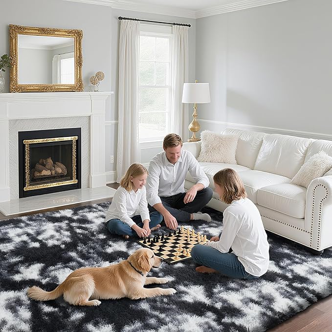 Fluffy Rug Shag Area Rug, Mottling Black 3x5 Area Rugs for Bedroom, Small Bedside Rug, Soft Fluffy Shag Entryway Throw Rugs for Living Room Bedroom Kids Room Home Decor