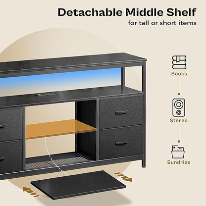 Huuger TV Stand Dresser with Power Outlets and LED Lights, 4 Drawers Entertainment Center with Shelf, 54 Inch Media Console for 55 60 Inch TV, 4 AC Outlets, 2 USBs, Dresser with PU Finish, Black