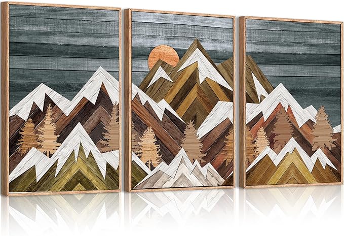 BINCUE Extra Large Mountain Wall Art Farmhouse Mountain Wall Decor Large Landscape Artwork 24x36 Inches Set of 3 Framed Rustic Painting Boho Mountains Artwork for Living Room Bedroom Office