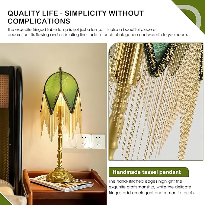 WELAISA- Vintage Table Lamp with Beaded Tassels, Metal Base Farmhouse Decorative Table Lamp for Reading-B