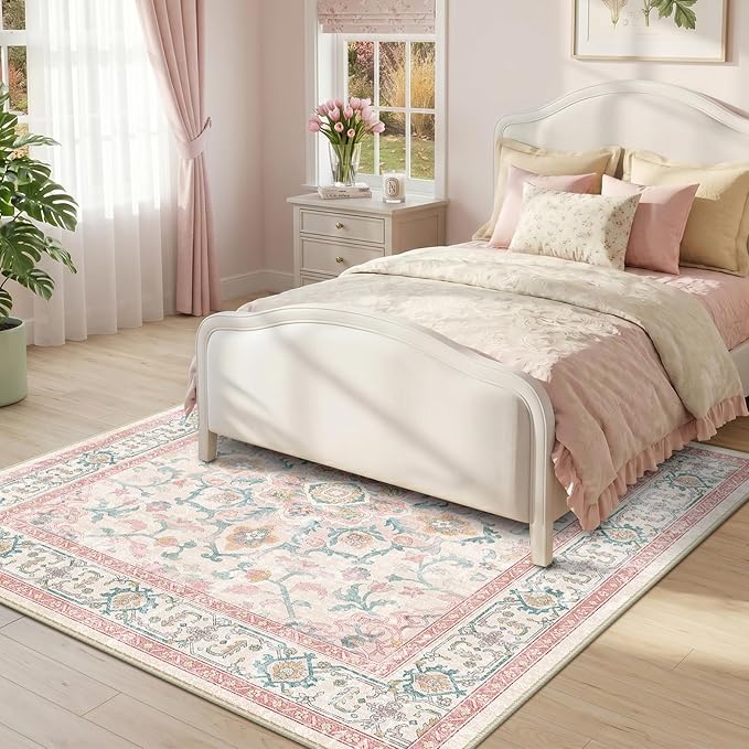 CAPALOCA Machine Washable Rugs Nursery Rug Sq4ft Cute Girl Non Slip Low Pile Water Repellent Soft Print Pattern for Bedroom Indoor Decor Kids Playroom Pink Teal