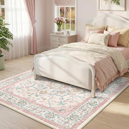 CAPALOCA Machine Washable Rugs Nursery Rug Sq4ft Cute Girl Non Slip Low Pile Water Repellent Soft Print Pattern for Bedroom Indoor Decor Kids Playroom Pink Teal