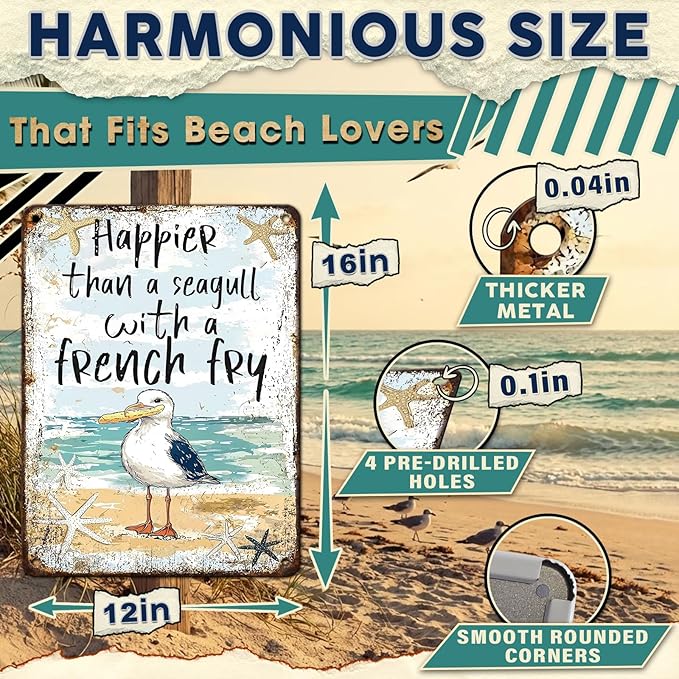 Seagull Vintage Tin Sign Seagull with French Fry Metal Tin Sign Beach Decor Beach Decor for Bedroom Pool Decorations Outdoor 12x16inch