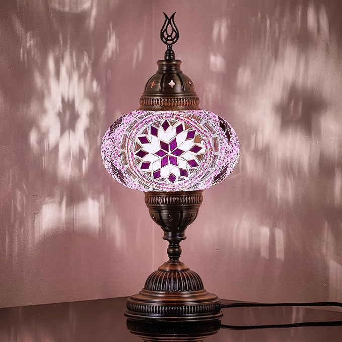 DEMMEX – 7" Large Globe Turkish Moroccan Mosaic Table Lamp, Handcrafted Tiffany-Style Colorful Glass Bedside, Desk & Table Light, Artisan Decor for Living Room or Bedroom, 14" H (Lilac)