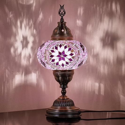 DEMMEX – 7" Large Globe Turkish Moroccan Mosaic Table Lamp, Handcrafted Tiffany-Style Colorful Glass Bedside, Desk & Table Light, Artisan Decor for Living Room or Bedroom, 14" H (Lilac)