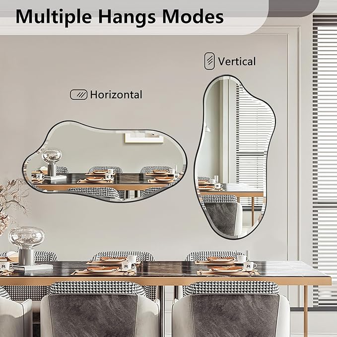 POZINO Irregular Beveled Mirror, 40"x20" Premium Asymmetrical Wall Mirror with Metal Frame, Modern Organic Shaped Mirrors for Living Room Bathroom Bedroom Hallway Entryway, Horizontal/Vertical Hanging