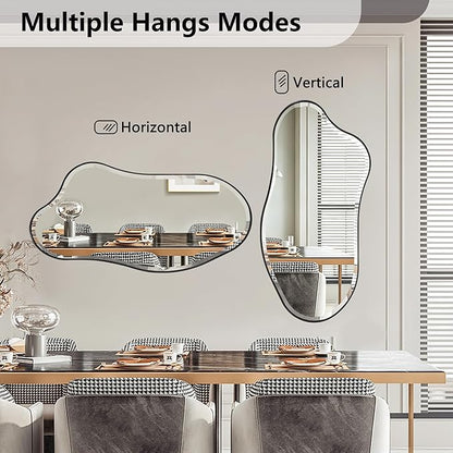 POZINO Irregular Beveled Mirror, 40"x20" Premium Asymmetrical Wall Mirror with Metal Frame, Modern Organic Shaped Mirrors for Living Room Bathroom Bedroom Hallway Entryway, Horizontal/Vertical Hanging