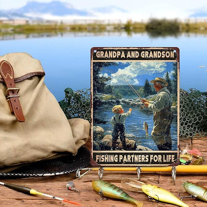 Vintage Fishing Metal Sign Grandpa And Grandson Fishing Partners For Life Metal Poster Home Kitchen Garden Bar Pub Coffee Man Cave Aluminium Sign Art Wall Decor Plaque 12x16Inch