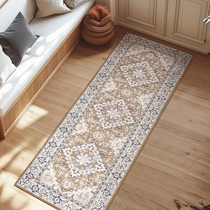 Lessymo 2 x 6 Runner Rug- Machine Washable Area Rugs Boho Faux Wool Low Pile Area Rug for Bedroom, Floral Medallion Vintage Rugs with Non-Slip Rubber,Brown Beige