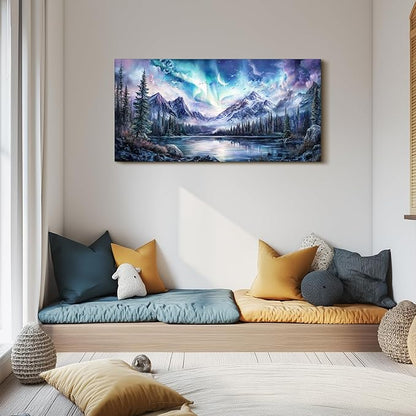 SERIMINO Aurora Landscape Large Wall Art, Mountain Forest Lake Nature Decor Art Prints, Fantasy Nightscape Artwork for Walls, Moonlit Night Canvas Art Wall Decor Living Room Bedroom Office 24"X48"