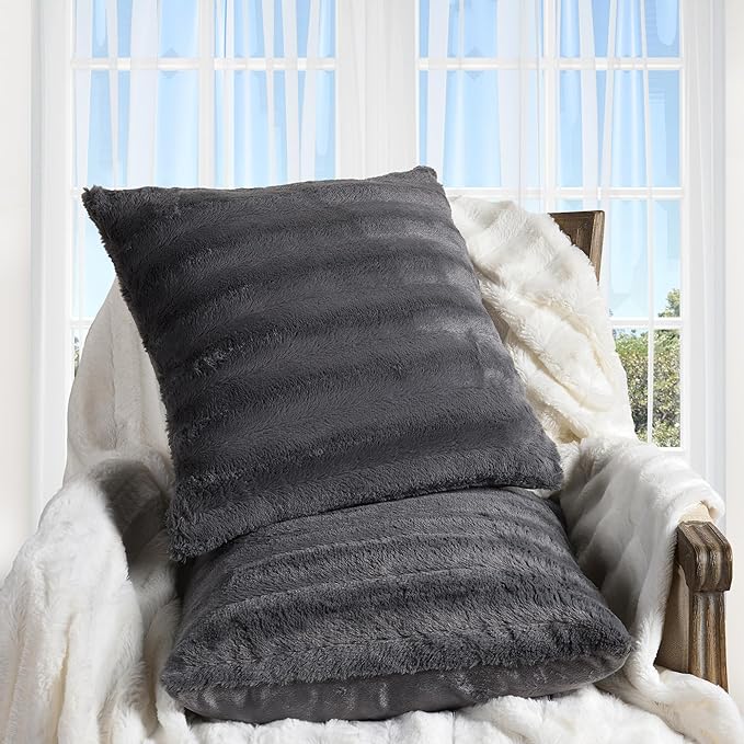 Cheer Collection Faux Fur Throw Pillows - Decorative Pillows for Couch, Bed Throw Pillows, Grey Accent Pillows for Bedroom or Living Room Aesthetic, Set of 2 Furry Throw Pillows, 26" x 26"