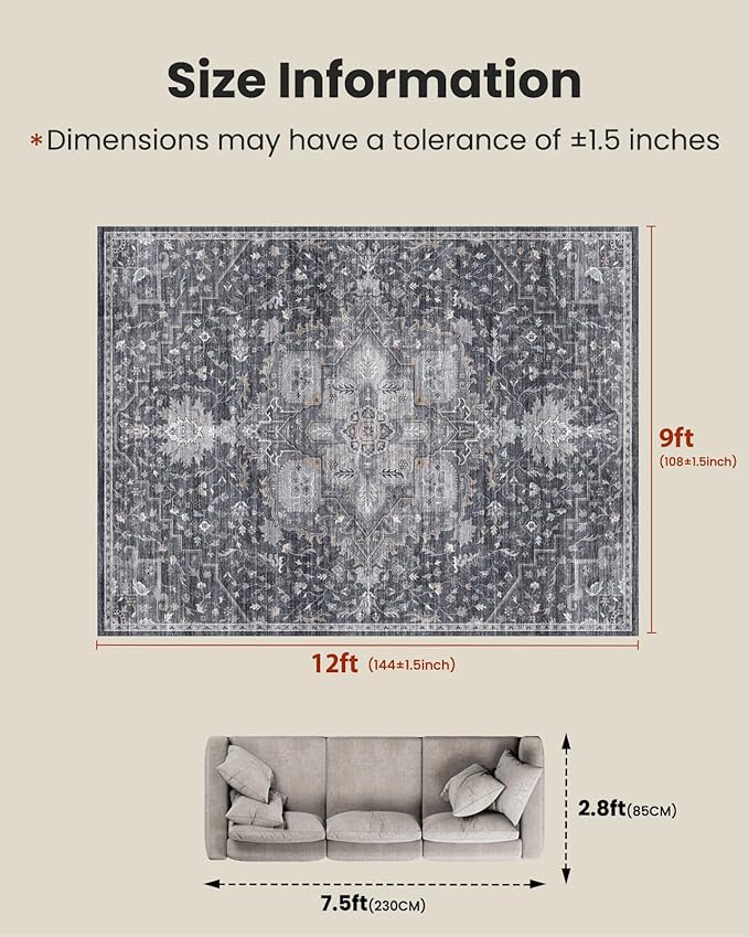 AMADA HOMEFURNISHING 9x12 Washable Area Rug, Low-Profile Large Area Rug with Non-Slip Backing & Durable Edge Binding, Vintage Large Rugs for Living Room, Bedroom & Dining Room