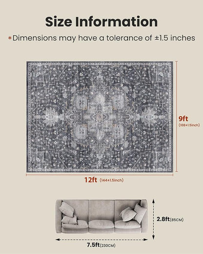 AMADA HOMEFURNISHING 9x12 Washable Area Rug, Low-Profile Large Area Rug with Non-Slip Backing & Durable Edge Binding, Vintage Large Rugs for Living Room, Bedroom & Dining Room