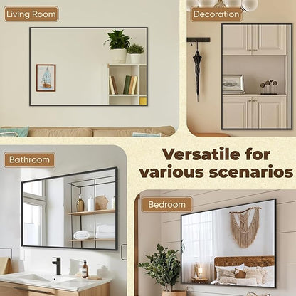 Antok 24x36 Black Metal Framed Bathroom Mirror, Wall Mirror with Rect Corners, Vanity Mirror for Over Sink, Anti-Rust Tempered Glass, Horizontal/Vertical Hanging for Bathroom, Living Room, Entryway