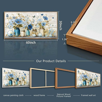 Wapluam Large Framed Wall Art,Retro Rustic Pictures Wall Decor,Floral Wall Art Bedroom,Blue Flowers Painting Prints,Farmhouse Canvas Artwork for Living Room Bathroom Kitchen Hallway Home Office 30x60