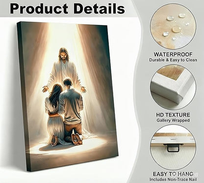 Jesus Blesses Couple Canvas Wall Art Couple Kneeling and Praying to Jesus Wall Decor Picture Christianity Jesus Christ Postre Print for Bedroom Living Room Church Prayer Room Artwork Home Decoration