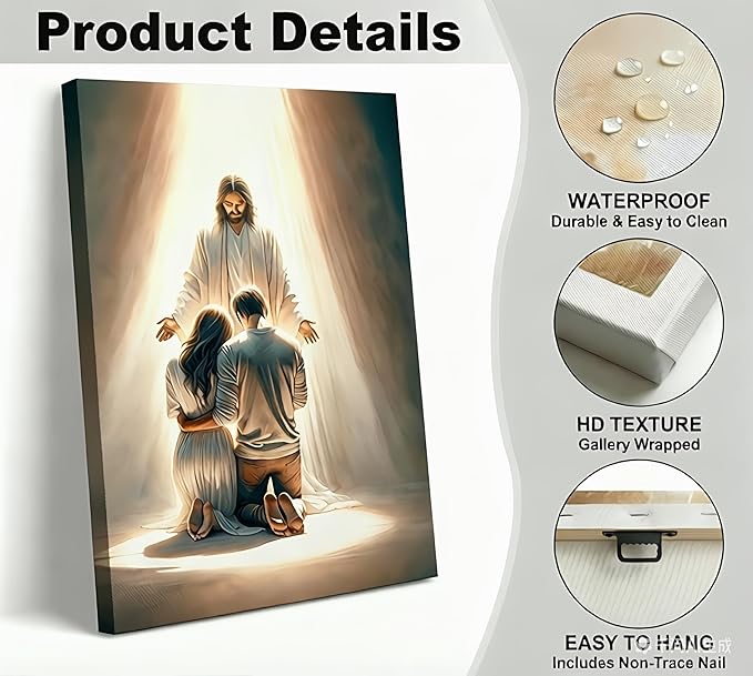 UNDBILSNI Jesus Blesses Couple Canvas Art Print: Couple Kneeling and Praying to Jesus - Christianity Wall Decor for Bedroom, Living Room, Church, or Prayer Room - 16x24in, 5 Pack