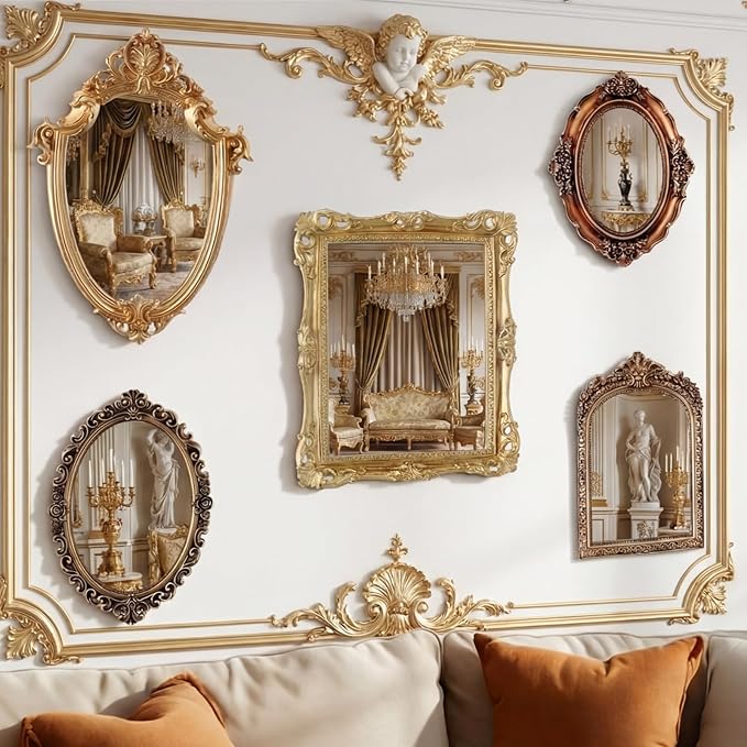 Wonderjune 5 Pcs Vintage Mirrors for Wall Decor Gold Antique Resin Frame Oval Rectangle Mirror for Home Decor Photography Props Gifts (Ornate Style)