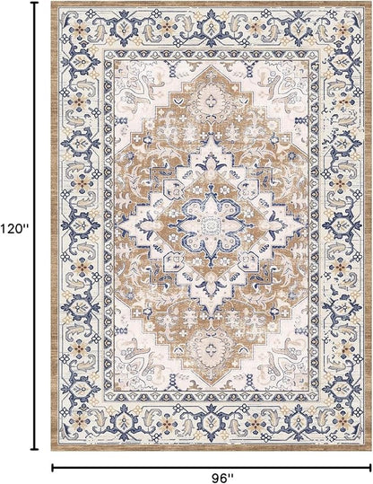 Lessymo 8 x 10 Area Rugs for Living Room- Machine Washable Area Rugs Boho Faux Wool Low Pile Area Rug for Bedroom, Floral Medallion Vintage Rugs with Non-Slip Rubber, Kid & Pet Friendly, Brown Beige