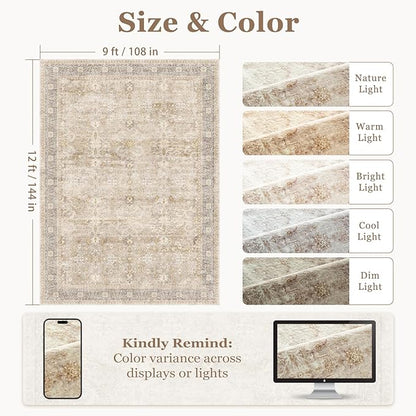 Vintage Neutral Large Area Rugs 9x12 for Living Room, Earth Tone Beige Taupe Big Room Carpet Rug for Bedroom Dining Room, Washable Rug with Rubber Backing Low Pile Thin Soft for Family Room