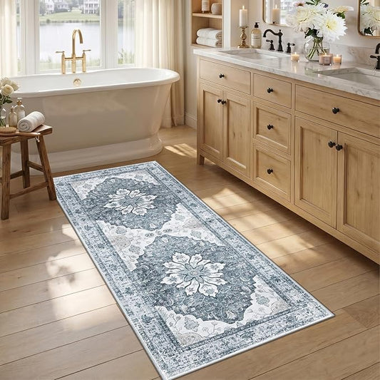 RELEANY Area Rugs 2'6"x5' Runner Rug Non Slip Washable for Kitchen Hallway Bedroom Beside Laundry Room Bathroom Rug, Floor Carpet, Light Gray Grey White
