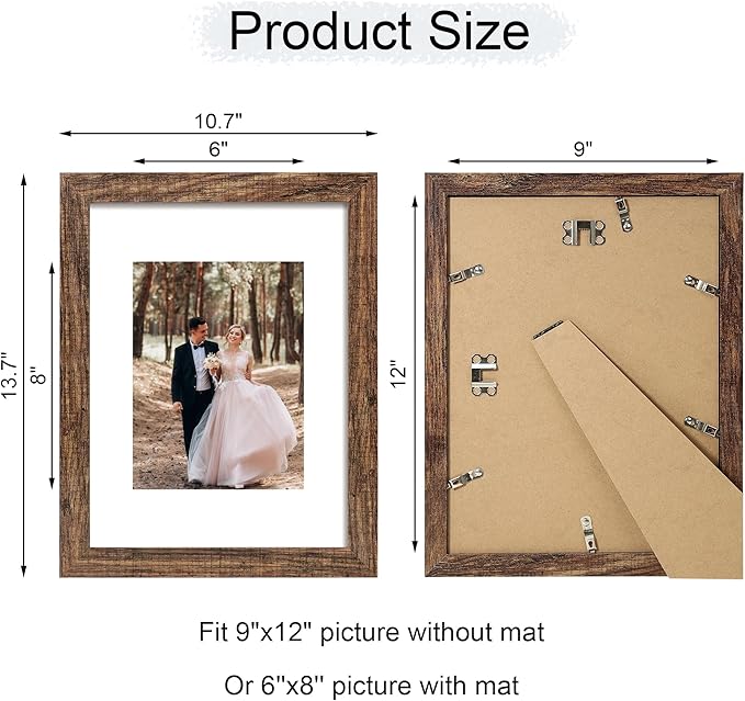 iRahmen 9x12 Picture Frame with Mat 6x8 - High Definition Tempered Glass Wooden Photo Frames for Tabletop Display and Wall Mounting (Brown, Set of 2)