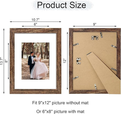 iRahmen 9x12 Picture Frame with Mat 6x8 - High Definition Tempered Glass Wooden Photo Frames for Tabletop Display and Wall Mounting (Brown, Set of 2)