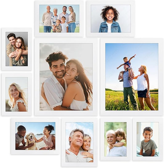 Icona Bay Combination White Picture Frames Set - 10 PC (Four 4x6, Four 5x7, Two 8x10), Impresia Collection Multi-Pack, Simple Modern Design for Wall Gallery