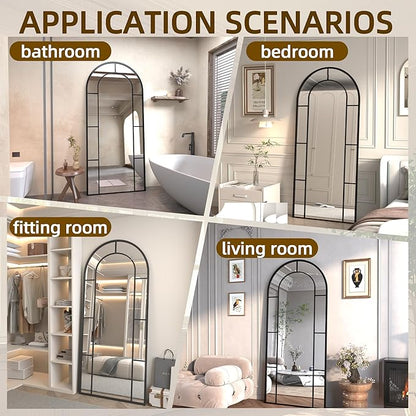 Arched Full Length Mirror, 71"x32" Mirror Full Length, Oversized Floor Length Standing Mirrors, Large Body Wall Mounted Window Pane Mirrors, Hanging or Leaning (Black)