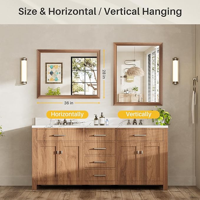 28x36 Inch Bathroom Mirror for Wall, Anti-Rust Walnut Wood Grain Metal Framed Bathroom Mirrors for Over Sink,Rectangler Mirrors for Bathroom Vanity, Farmhouse, Bedroom, Living Room, Entryway Decor