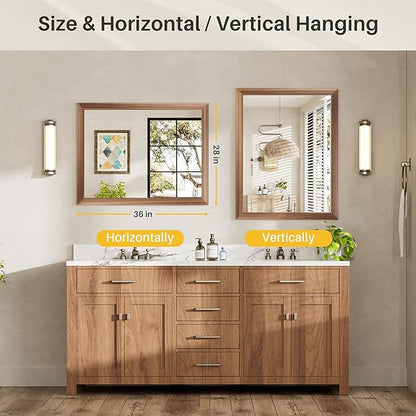 28x36 Inch Bathroom Mirror for Wall, Anti-Rust Walnut Wood Grain Metal Framed Bathroom Mirrors for Over Sink,Rectangler Mirrors for Bathroom Vanity, Farmhouse, Bedroom, Living Room, Entryway Decor