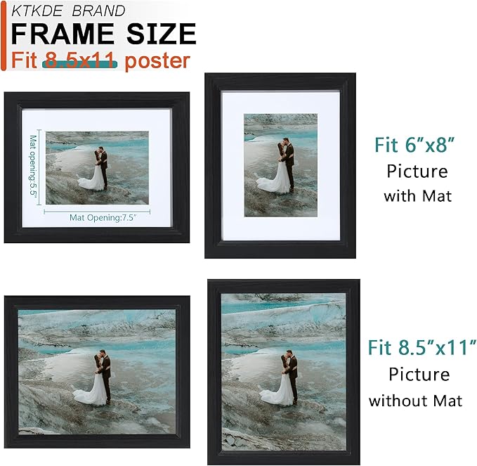 KTKDE 8.5X11 Picture Frame,Display Pictures 6x8 with Mat or 8.5x11 Without, Tempered Glass, 8.5by11 black Wooden Frames Wall or Tabletop Frame,Certificate Document Diploma Award Frame best gift