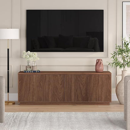 Henn&Hart Fluted TV Stand for TVs up to 75" with 2 Concealed Ribbed Storage Cabinets and Adjustable Shelves for Living Room, Family Room, or Office, Medium Walnut