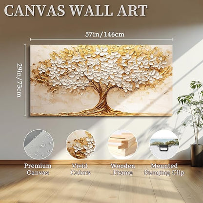 crmotu Tree of Life Wall Art, White Gold Tree Extra Large Canvas Paintings, Nature Landscape Abstract Art Prints, Modern Aesthetic Pictures Wall Decor Living Room Office Ready to Hang 29x57 Inch