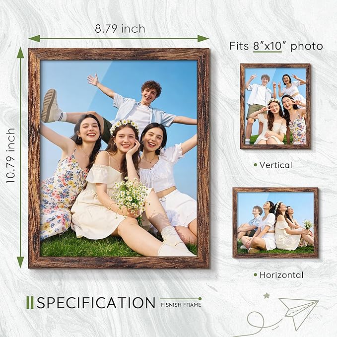 8x10 Picture Frame Set of 10, Brown Frames 8x10 for Tabletop Display, Horizontal or Vertical Wall Mounting