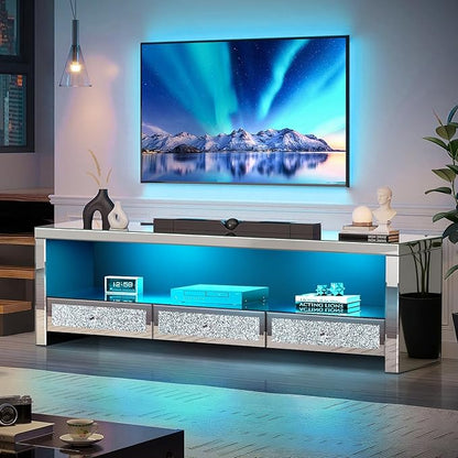 Silver Mirrored LED TV Stand with Crushed Diamond Drawers, Media Console Table with RGB LED Lights, Entertainment Center for TVs Up to 65 Inch, TV Cabinet with Storage Drawers for Living Room Bedroom